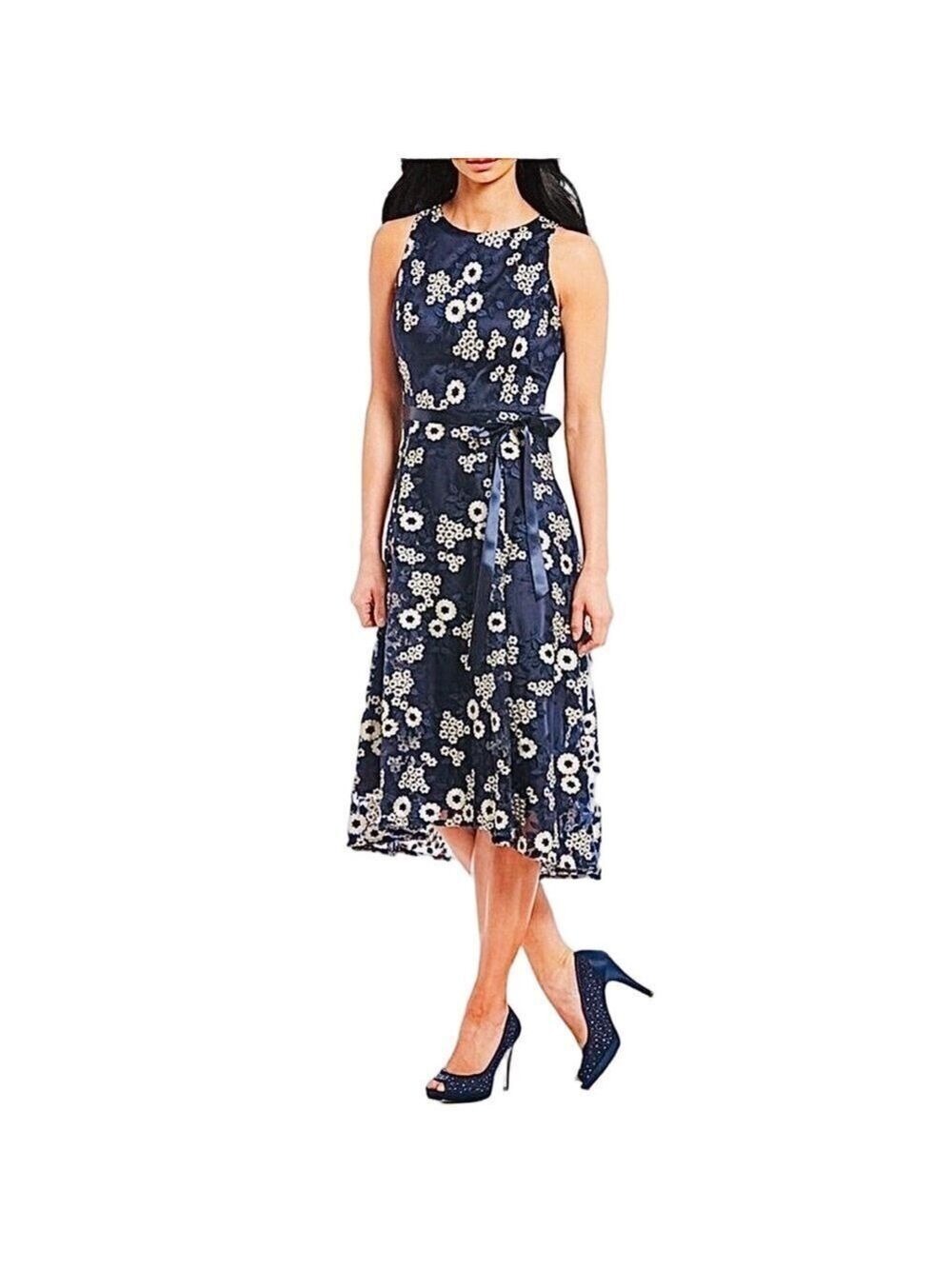 TAHARI Embroidered Lace Tea Length Cocktail Dress
